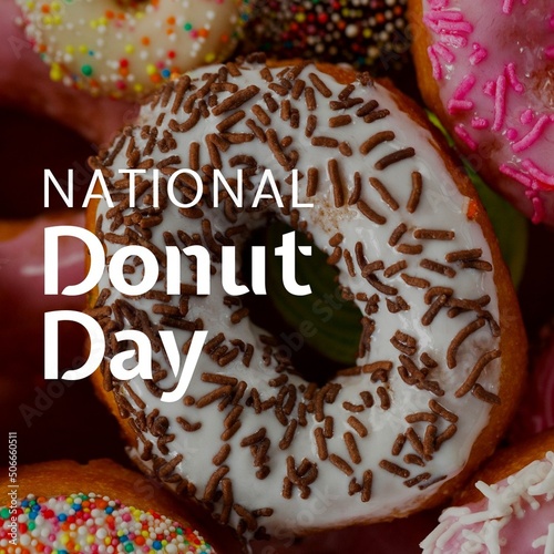 Composite of national donut day text with various donuts, copy space