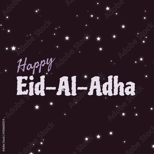 Illustrative image of shining stars and happy eid-al-adha text over black background, copy space