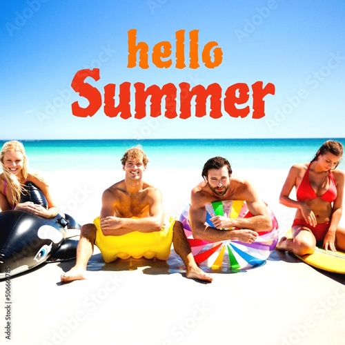 Composite of hello summer text with caucasian young friends spending vacation at beach