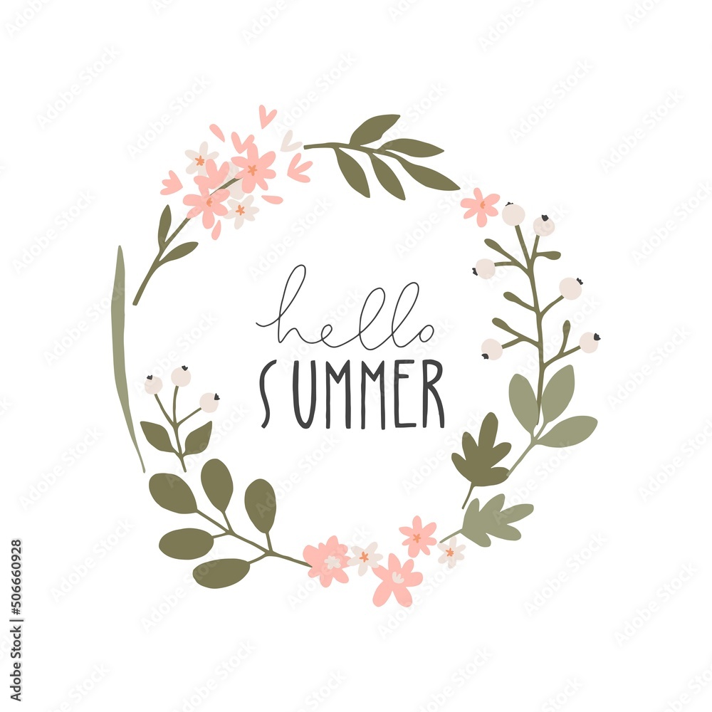 Summer card with floral wreath. Simple and cute poster 