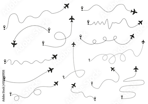 Airplane routes on white background. Romantic travel concept. Airplane line path, vector icon of air plane flight route on white background. Vector illustration.