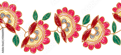Ukrainian embroidery seamless floral border. Blue flower embroidered arrangement
