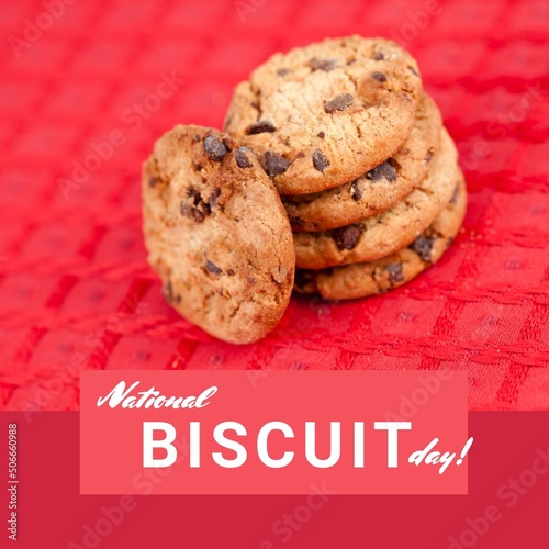 Digital composite image of chocolate chip cookies with national biscuit day text