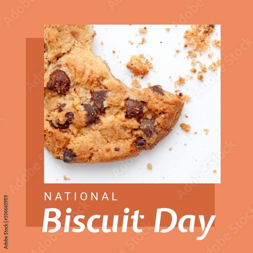 Digital composite of national biscuit day text and chocolate chip biscuit with missing bite on table
