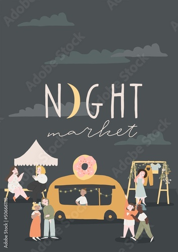 Summer night market scene poster. Spring, summer outdoor street festival affiche. People in different situations, have fun, shopping handmade items, dancing, eating, drinking, meeting friends.