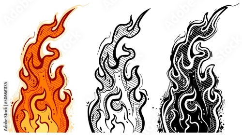 Fotografia Cartoon hand drawn burning orange fire flames sketch