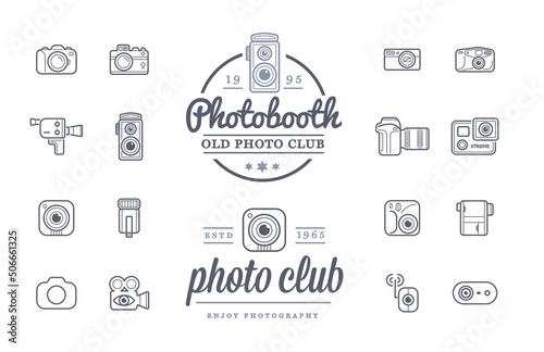 Set of Vintage Vector Photo, Video Camera Signs, Elements and Icons.