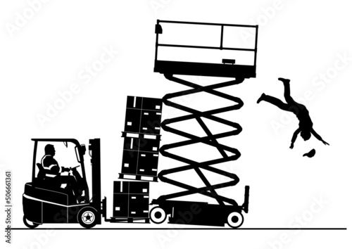 Collision of a forklift with a scissor lift. Warehouse safety concept. Vector silhouettes.