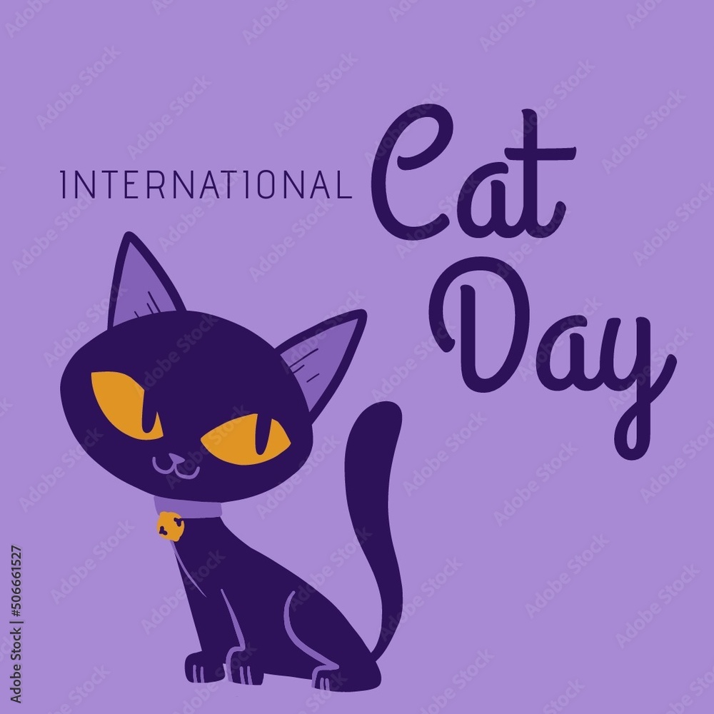 Illustrative image of international cat day text and cat on violet background, copy space