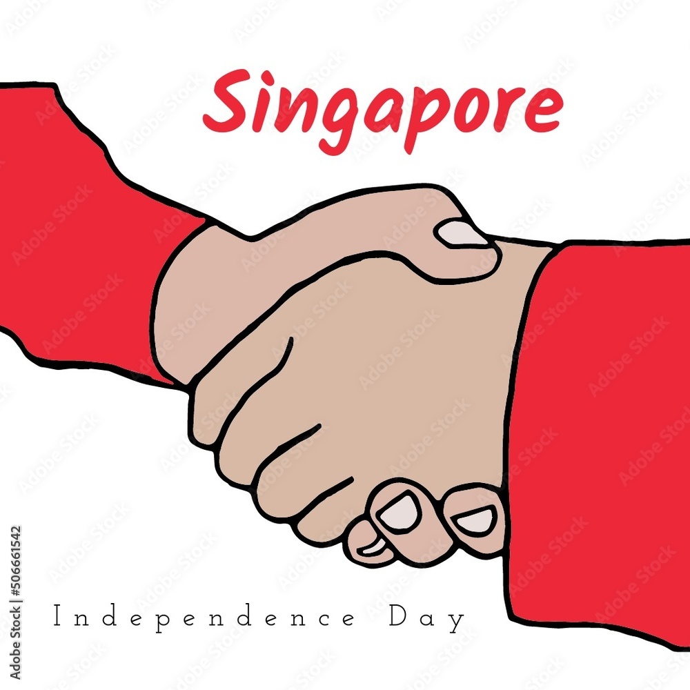 Fototapeta premium Illustration of singapore independence day text and cropped hands giving handshake, copy space