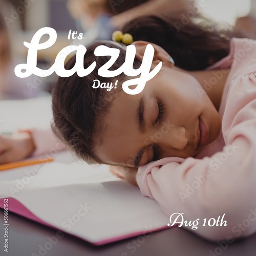 Digital composite of caucasian girl sleeping with book on table and it's lazy day with aug 10th text photo