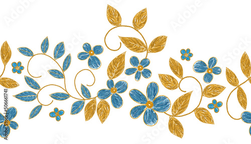 Ukrainian embroidery seamless floral border. Blue flower embroidered arrangement