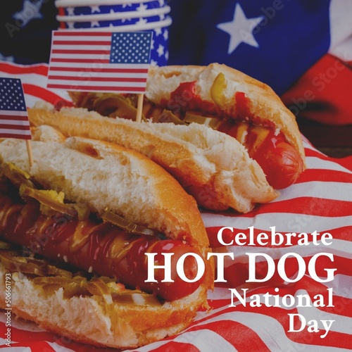 Composite of celebrate hot dog national day text with american flags and hot dogs