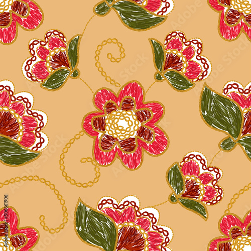 Ukrainian red flower embroidery seamless pattern on beige. Vector floral folk art  photo