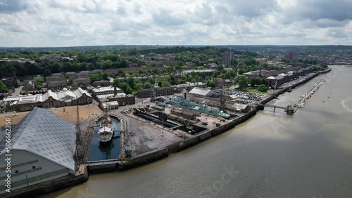 Historic Dockyard Chatham Kent UK pul back reverse drone aerial view photo