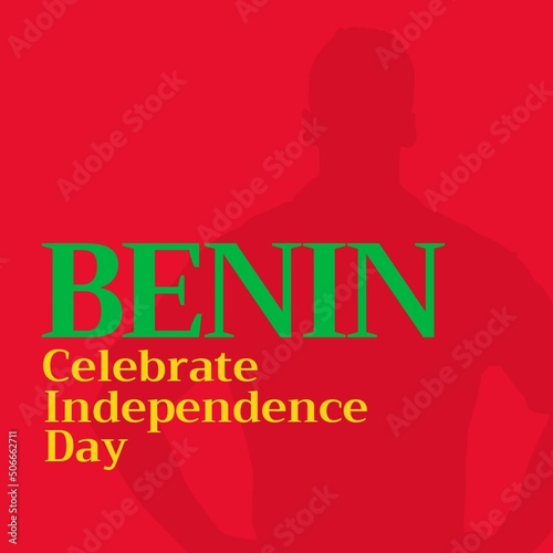 Illustration of benin celebrate independence day text and man with arms akimbo on red background