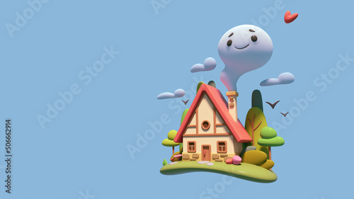 Floating island in clouds with a cute little yellow country house, red roof, windows, brick chimney stands on a green lawn. Kawaii smoke with smiling face, eyes, eyebrows. 3d render on blue backdrop.