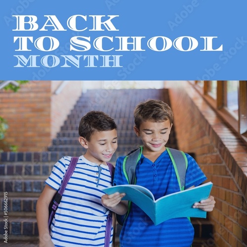 Composite of caucasian boys with backpacks studying over book and back to school month text