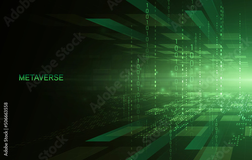 Metaverse, virtual reality, augmented reality and blockchain technology, user interface 3D experience. Word metaverse with world map globe in futuristic environment background.