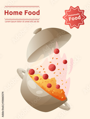 Pot with rice and vegetable vector poster.