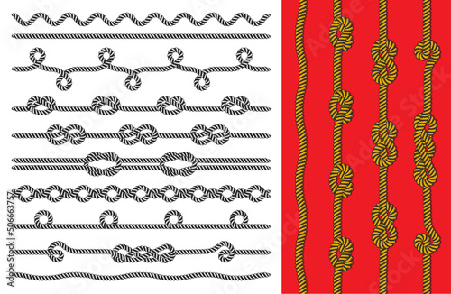 Knitted and Twisted ropes twines with nodes realistic color decorative border set isolated illustration