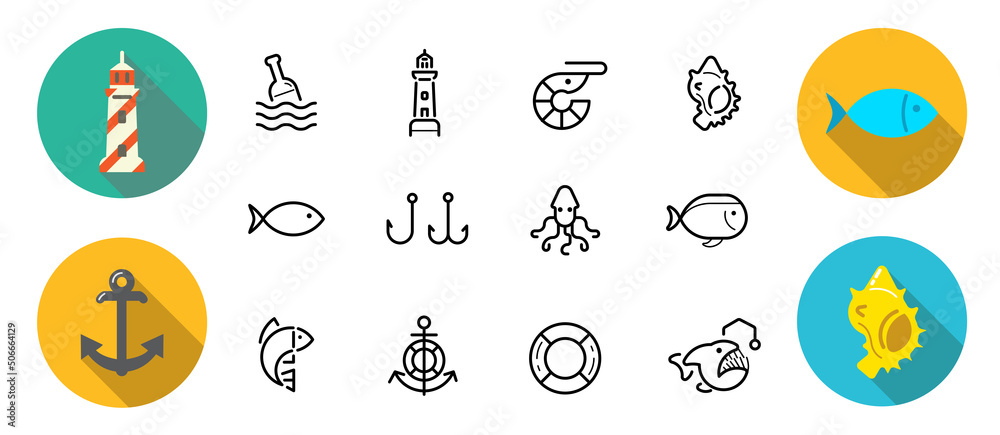 Fototapeta premium Set of Vector Sea Food Elements and Sea Signs Illustration can be used as Logo or Icon in premium quality