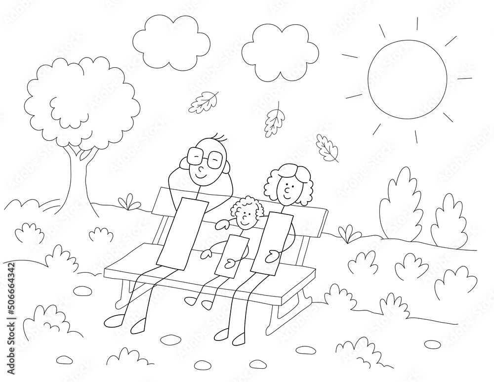 family park day coloring page for kids. fun design with stick figures ...