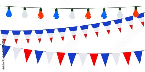 Guirlandes en bleu, blanc et rouge sur fond blanc