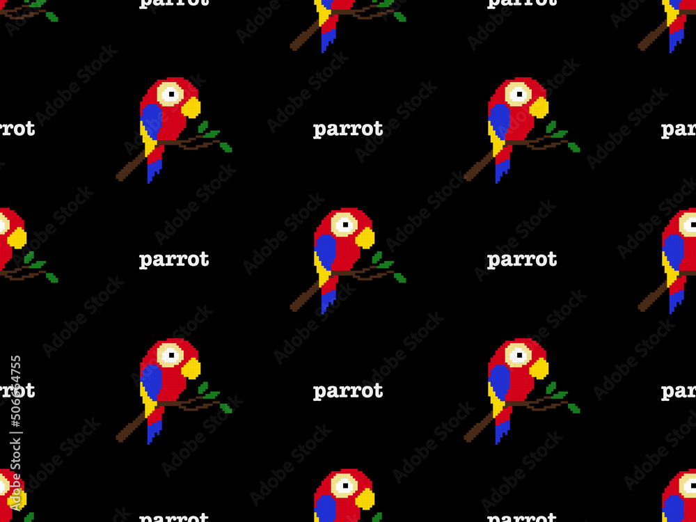 Parrot cartoon character seamless pattern on black background. Pixel style Parrot cartoon character seamless pattern on black background. Pixel style