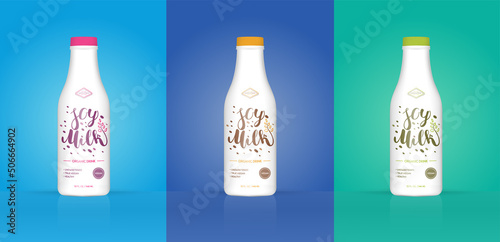 Set of Soy Milk Bottle with Colorful Background. Healthy Organic Product Made of Soy Beans. Vector Illustration. Advertising Template. Print.