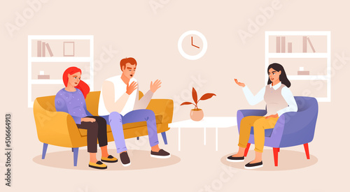 Psychological help. Male and female characters are sitting on the couch and talking to the doctor. The concept of psychological assistance