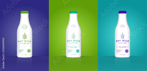Set of Soy Milk Bottle with Colorful Background. Healthy Organic Product Made of Soy Beans. Vector Illustration. Advertising Template. Print.