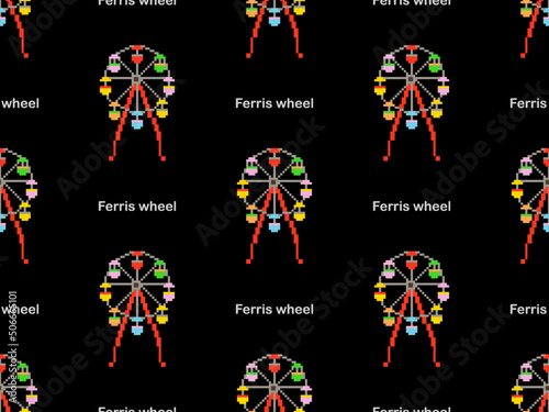 Ferris wheel cartoon character seamless pattern on black background. Pixel style.