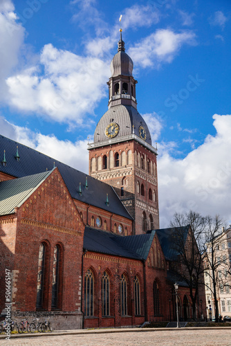 Riga, Latvia, 14 October 2021: Cathedral Church of Saint Mary, seat of the Archbishop, Evangelical Lutheran Dome cathedral with tower and weathercock, old town at sunny day