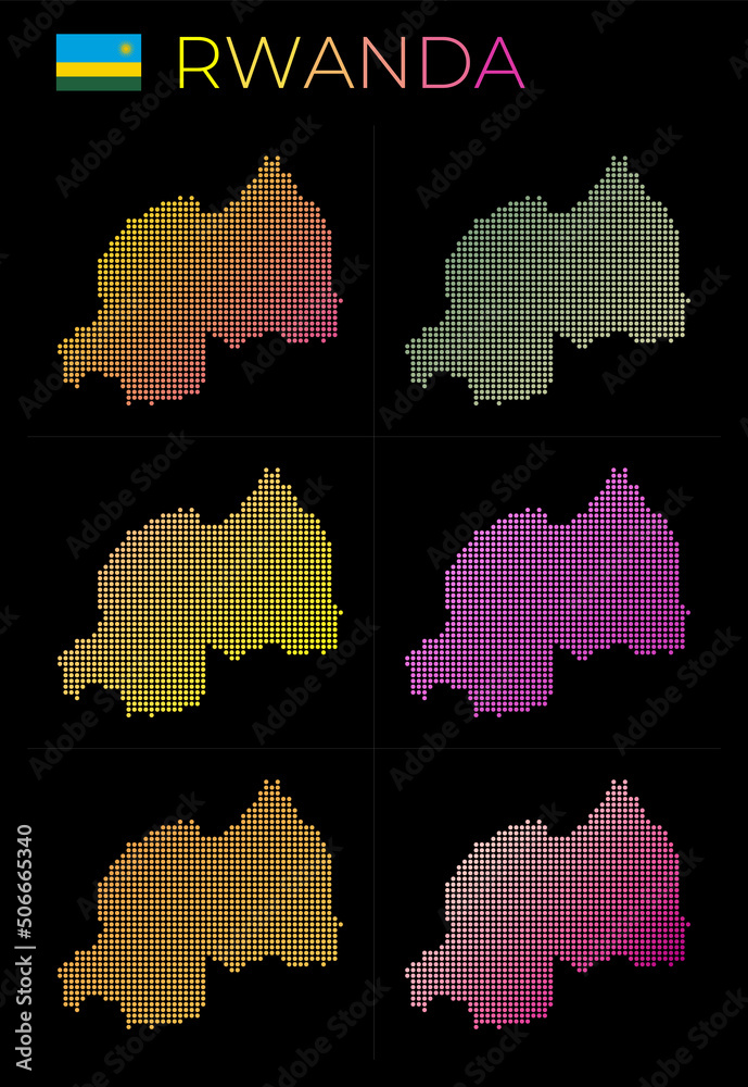 Rwanda dotted map set. Map of Rwanda in dotted style. Borders of the country filled with beautiful smooth gradient circles. Appealing vector illustration.