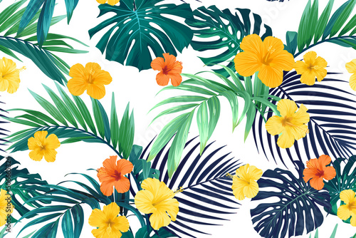 Seamless hand drawn tropical vector pattern with bright hibiscus flowers and exotic palm leaves.