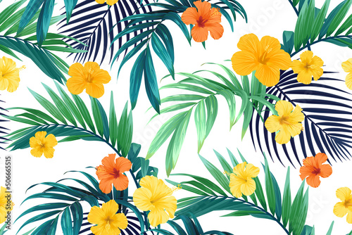 Seamless hand drawn tropical vector pattern with bright hibiscus flowers and exotic palm leaves.
