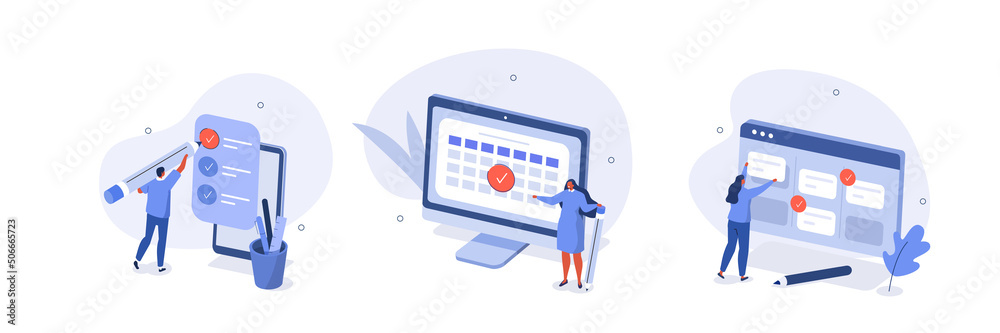 Schedule planning illustration set. Characters planning work tasks, filling check list, making calendar schedule. Business time management and organization concept. Vector illustration.
Schedule planning illustration set. Characters planning work tasks, filling check list, making calendar schedule. Business time management and organization concept. Vector illustration.