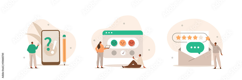 Feedback and review illustration set. Characters giving positive feedback to helpdesk service. Rating scale and customer satisfaction concept. Vector illustration. - obrazy, fototapety, plakaty 