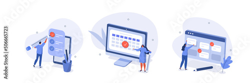 
Schedule planning illustration set. Characters planning work tasks, filling check list, making calendar schedule. Business time management and organization concept. Vector illustration.