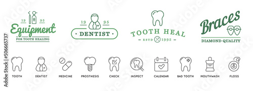 Set of Vector Dental Signs and Icons. Template Illustration. Stomatology Graphic Oral Elements.