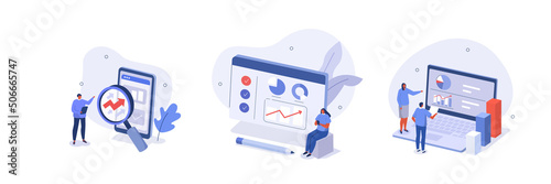
Marketing data analyzing illustration set. Characters working with data visualization, analyzing graph, charts and planning marketing strategy to achieve business goals. Vector illustration.