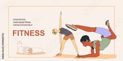 Two biracial fitness women. Sport banner. Young women wearing workout clothes. Sport fashion girl outline in urban casual style.