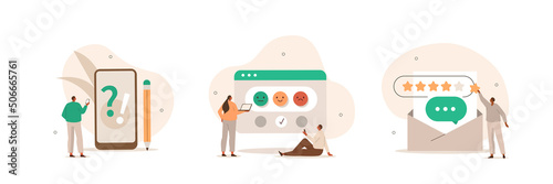 Feedback and review illustration set. Characters giving positive feedback to helpdesk service. Rating scale and customer satisfaction concept. Vector illustration.