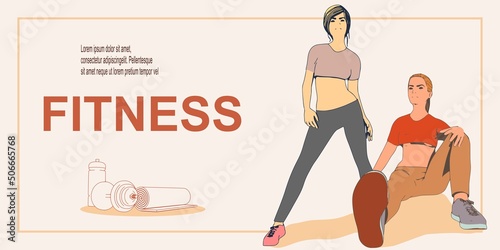 Two fitness women. Sport banner. Young women wearing workout clothes. Sport fashion girl outline in urban casual style.