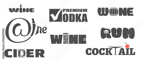 Various types of alcohol emblems design collection. Typography concept for vineyard. Abstract winery sign.