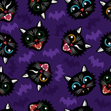 Seamless background of black cats and bats. Heads of black cats with colored eyes and silhouettes of bats on a purple background. Halloween. Vector illustration isolated on a white background.