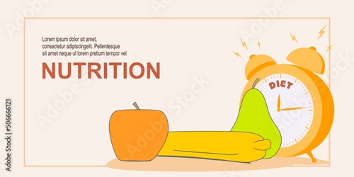 Fruits collection. Apple  banana and pear. Alarm clock with diet word. Banner for presentation of healthy lifestyle