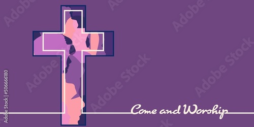 Christianity concept illustration. Cross with human head silhouettes and Come and Worship text