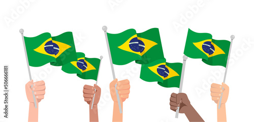 Hands with brazil flag isolated on white background. Vector stock